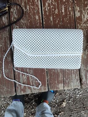 Vintage 1960s White Metal Mesh Evening Crossbody Purse, Envelope Shape, Large